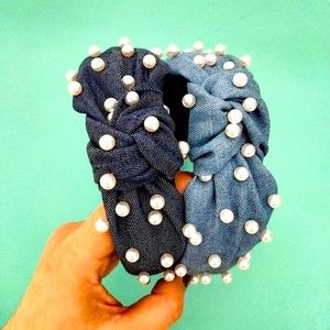 🐝 Denim Knotted Headband with Pearls